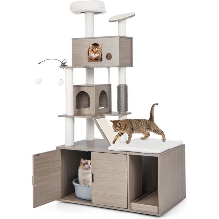 Comparer les prix de Arbre à Chat avec Meuble Litière pour Chat - GOPLUS - 2 Condo/Griffoirs/Gratter en Sisal/Balles Suspendues - Gris - 173CM